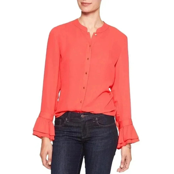 Banana Republic Factory Ruffle Sleeve Blouse Shirt Gold Buttons Small Petite - Picture 1 of 11
